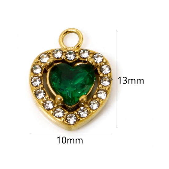 Immagine di 1 Pz Placcatura Sottovuoto Ecologica 304 Acciaio Inossidabile San Valentino Ciondoli Cuore Oro Placcato Verde Cubic Zirconiae 13mm x 10mm