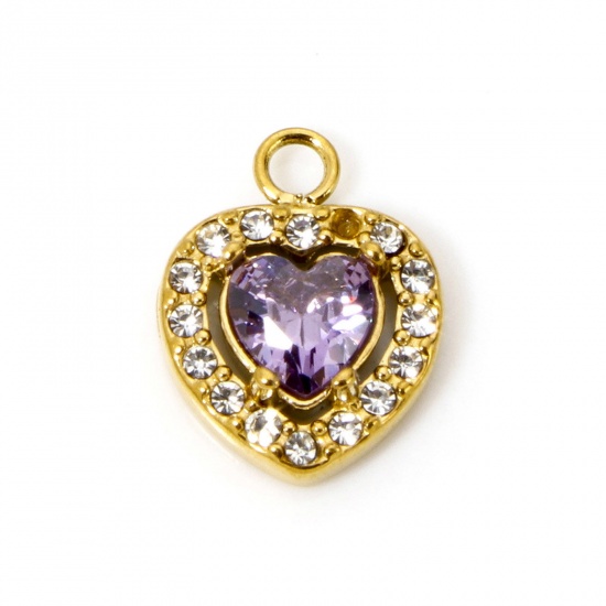 Immagine di 1 Pz Placcatura Sottovuoto Ecologica 304 Acciaio Inossidabile San Valentino Ciondoli Cuore Oro Placcato Viola Cubic Zirconiae 13mm x 10mm