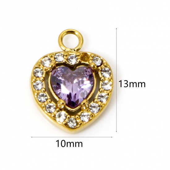 Immagine di 1 Pz Placcatura Sottovuoto Ecologica 304 Acciaio Inossidabile San Valentino Ciondoli Cuore Oro Placcato Viola Cubic Zirconiae 13mm x 10mm