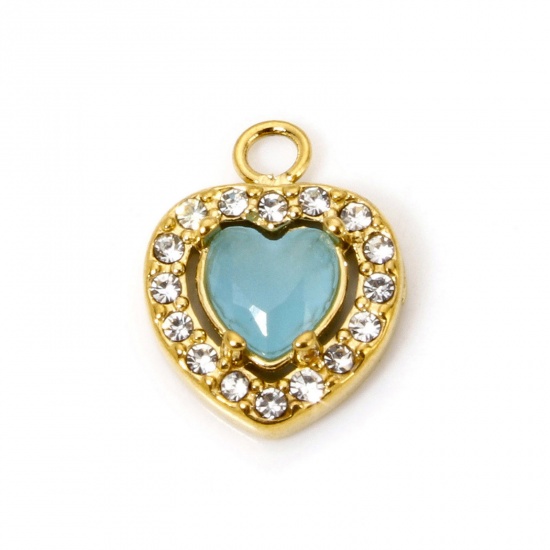 Immagine di 1 Pz Placcatura Sottovuoto Ecologica 304 Acciaio Inossidabile San Valentino Ciondoli Cuore Oro Placcato Blu Cubic Zirconiae 13mm x 10mm