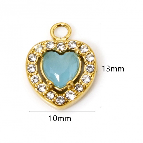 Immagine di 1 Pz Placcatura Sottovuoto Ecologica 304 Acciaio Inossidabile San Valentino Ciondoli Cuore Oro Placcato Blu Cubic Zirconiae 13mm x 10mm