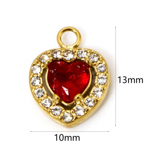 Immagine di 1 Pz Placcatura Sottovuoto Ecologica 304 Acciaio Inossidabile San Valentino Ciondoli Cuore Oro Placcato Rosso Cubic Zirconiae 13mm x 10mm