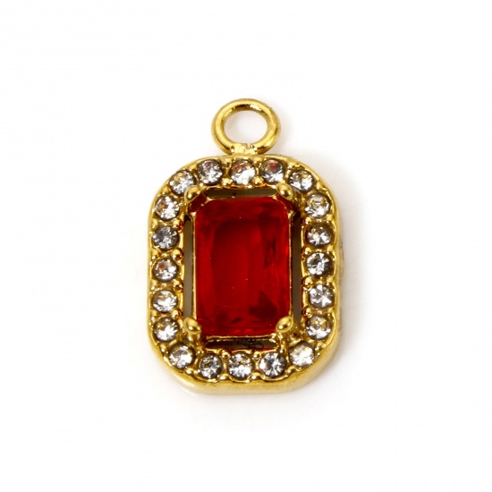 Bild von 1 Stück Umweltfreundliche Vakuumbeschichtung 304 Edelstahl Charms Achteck Vergoldet Rot Zirkonia 14mm x 9mm