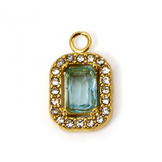 Bild von 1 Stück Umweltfreundliche Vakuumbeschichtung 304 Edelstahl Charms Achteck Vergoldet Blau Zirkonia 14mm x 9mm