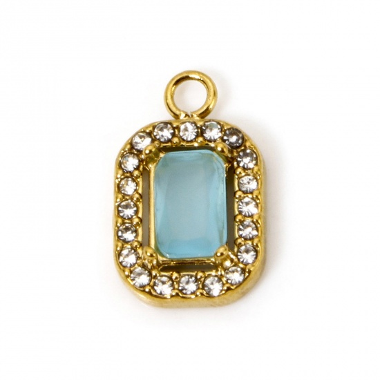 Bild von 1 Stück Umweltfreundliche Vakuumbeschichtung 304 Edelstahl Charms Achteck Vergoldet Blau Zirkonia 14mm x 9mm