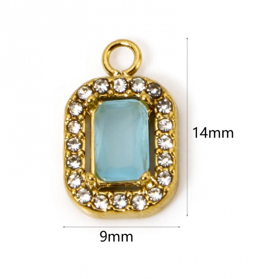 Bild von 1 Stück Umweltfreundliche Vakuumbeschichtung 304 Edelstahl Charms Achteck Vergoldet Blau Zirkonia 14mm x 9mm