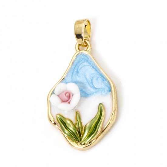 Immagine di 1 Pz Ottone Stile della Pittura a Olio Ciondoli Pendenti 18K Vero Oro Placcato Multicolore Irregolare Fiore Smalto 28mm x 14mm