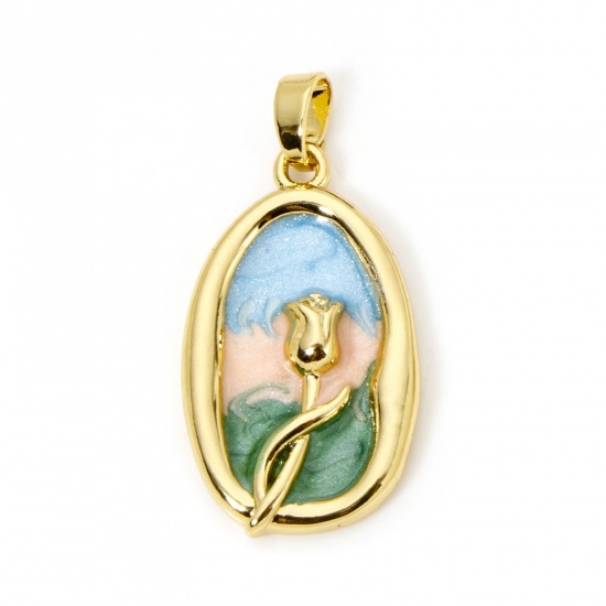 Immagine di 1 Pz Ottone Stile della Pittura a Olio Ciondoli Pendenti 18K Vero Oro Placcato Multicolore Ovale Fiore Smalto 28mm x 14mm