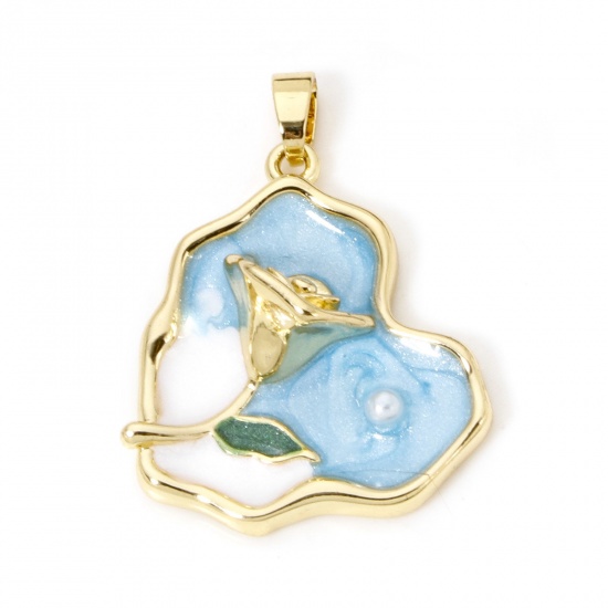 Immagine di 1 Pz Ottone Stile della Pittura a Olio Ciondoli Pendenti 18K Vero Oro Placcato Multicolore Cuore Rosa Smalto 29mm x 22mm