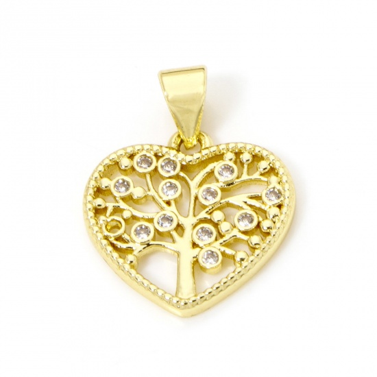 Imagen de 2 Unidades Latón día de San Valentín Colgantes Charms 18K Oro Real Chapado Corazón Árbol de la Vida Hueco Claro Circón Artificial 20mm x 15.5mm