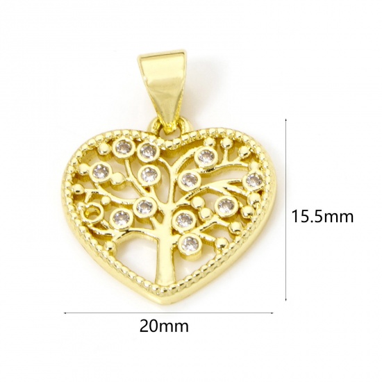 Imagen de 2 Unidades Latón día de San Valentín Colgantes Charms 18K Oro Real Chapado Corazón Árbol de la Vida Hueco Claro Circón Artificial 20mm x 15.5mm