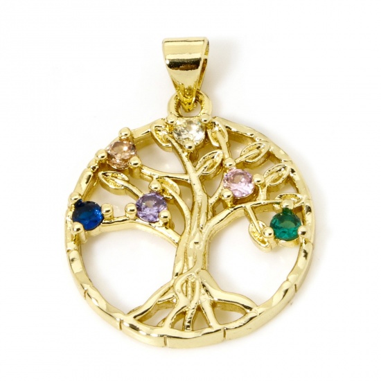 Imagen de 2 Unidades Latón Colgantes Charms 18K Oro Real Chapado Ronda Árbol de la Vida Hueco Multicolor Circón Artificial 27mm x 20mm