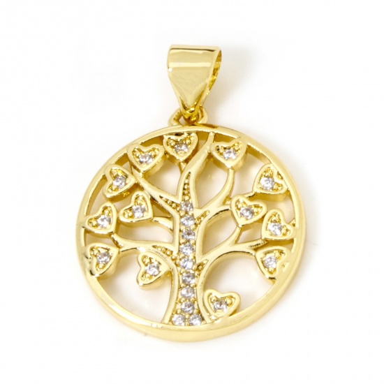 Imagen de 2 Unidades Latón Micro Pave Colgantes Charms 18K Oro Real Chapado Ronda Árbol de la Vida Hueco Claro Circón Artificial 24mm x 17mm