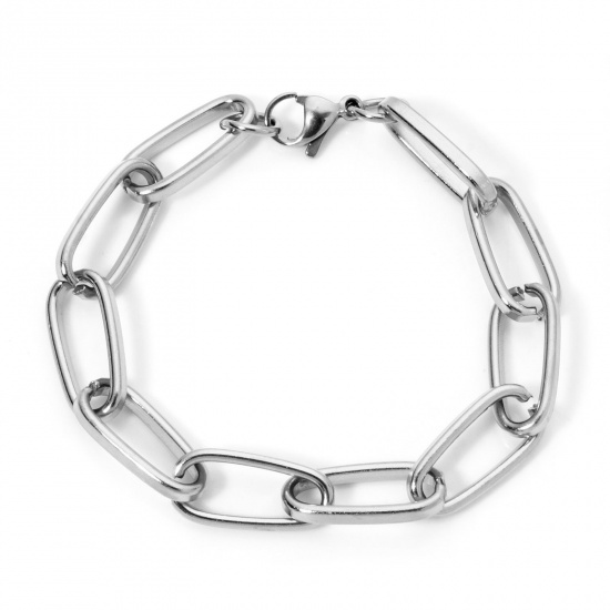 Picture of 1 Piece 304 Stainless Steel Paperclip Chain Bracelets Silver Tone With Lobster Claw Clasp 19cm(7.5") long