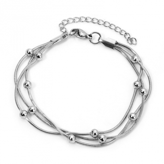 Picture of 1 Piece 304 Stainless Steel Snake Chain Multilayer Layered Bracelet Silver Tone With Lobster Claw Clasp And Extender Chain 17cm(6.7") long