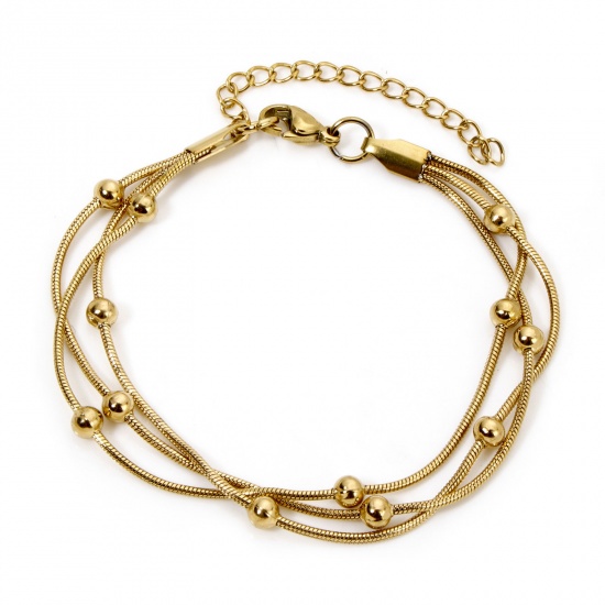 Picture of 1 Piece Vacuum Plating 304 Stainless Steel Snake Chain Multilayer Layered Bracelet 18K Gold Plated With Lobster Claw Clasp And Extender Chain 17cm(6.7") long