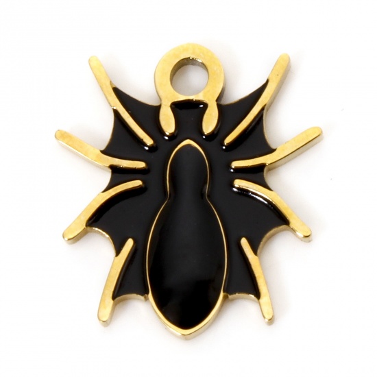 Picture of 2 PCs Vacuum Plating 304 Stainless Steel Charms Gold Plated Black Halloween Spider Animal Enamel 16mm x 14mm