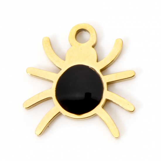 Picture of 2 PCs Vacuum Plating 304 Stainless Steel Charms Gold Plated Black Halloween Spider Animal Enamel 14mm x 13.5mm