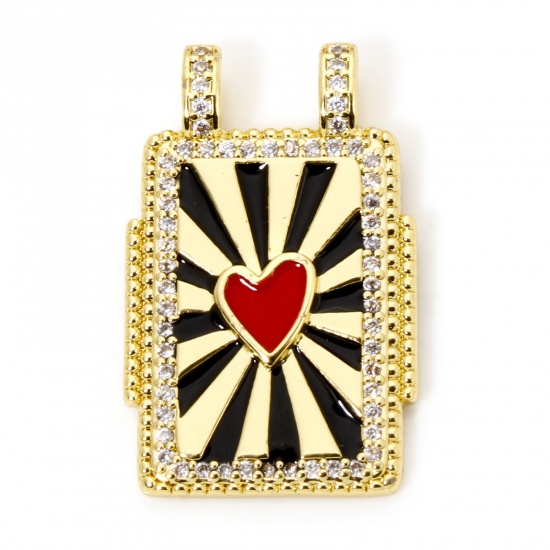 Picture of 1 Piece Eco-friendly Brass Micro Pave Charms 18K Real Gold Plated Black & Red Rectangle Heart Enamel Clear Cubic Zirconia 28mm x 17mm