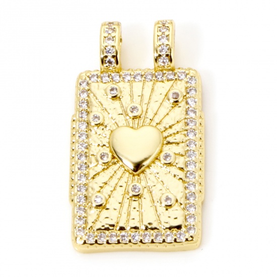 Picture of 1 Piece Eco-friendly Brass Micro Pave Charms 18K Real Gold Plated Rectangle Heart Clear Cubic Zirconia 27mm x 15mm