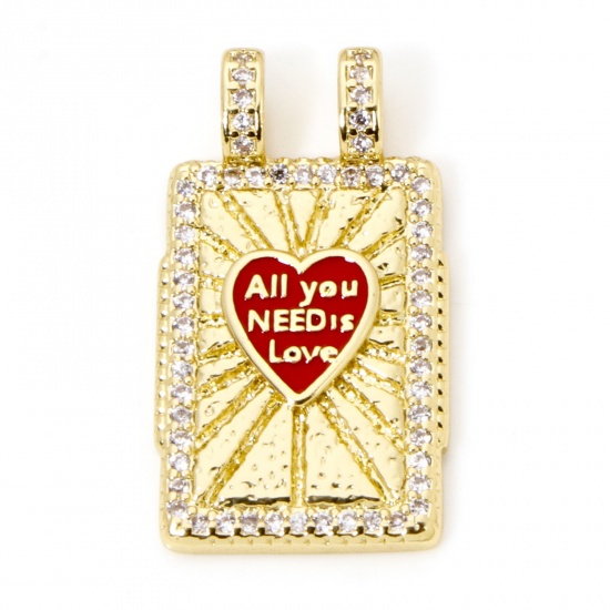 Picture of 1 Piece Eco-friendly Brass Micro Pave Charms 18K Real Gold Plated Red Rectangle Heart Enamel Clear Cubic Zirconia 27mm x 15mm