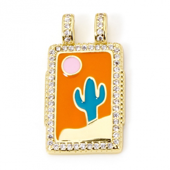 Picture of 1 Piece Eco-friendly Brass Micro Pave Charms 18K Real Gold Plated Multicolor Rectangle Cactus Enamel Clear Cubic Zirconia 27mm x 15mm