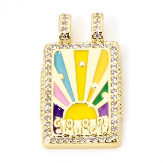 Picture of 1 Piece Eco-friendly Brass Micro Pave Charms 18K Real Gold Plated Multicolor Rectangle Sun Message " GOOD LUCK " Enamel Clear Cubic Zirconia 27mm x 15mm