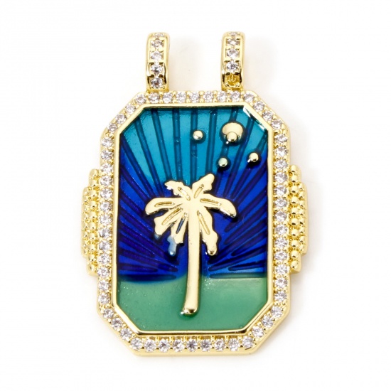 Picture of 1 Piece Eco-friendly Brass Micro Pave Pendants 18K Real Gold Plated Multicolor Rectangle Coconut Palm Tree Enamel Clear Cubic Zirconia 3.2cm x 2.2cm