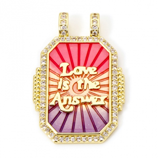 Picture of 1 Piece Eco-friendly Brass Micro Pave Pendants 18K Real Gold Plated Multicolor Rectangle Sun Rays Enamel Clear Cubic Zirconia 3.3cm x 2.2cm