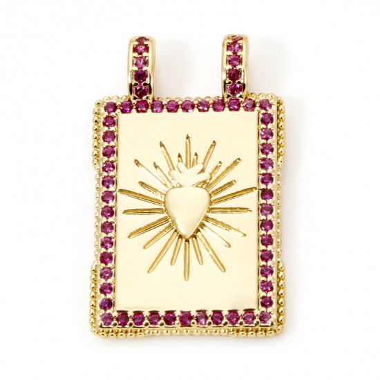 Picture of 1 Piece Eco-friendly Brass Micro Pave Charms 18K Real Gold Plated Rectangle Sun Rays Fuchsia Cubic Zirconia 28mm x 17mm