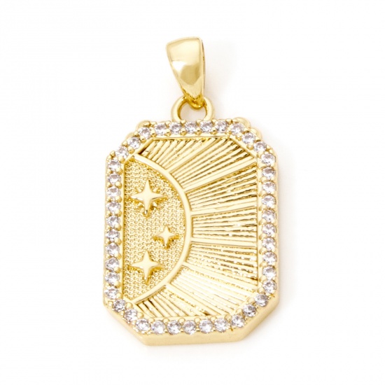 Picture of 1 Piece Eco-friendly Brass Galaxy Charm Pendant 18K Real Gold Plated Sun Star Micro Pave Clear Cubic Zirconia 25mm x 13mm