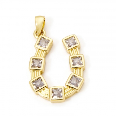 Picture of 1 Piece Eco-friendly Brass West Cowboy Charm Pendant 18K Real Gold Plated Luck Horseshoe Clear Cubic Zirconia 27mm x 16mm