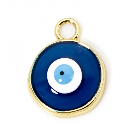 Immagine di 1 Pz Ecologico Ottone Religione Ciondoli Tondo 18K Vero Oro Placcato Blu Malocchio Smalto 28mm x 22mm