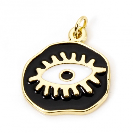 Picture of 1 Piece Eco-friendly Brass Religious Charms 18K Real Gold Plated Black Irregular Eye of Providence/ All-seeing Eye Enamel 22.5mm x 19mm