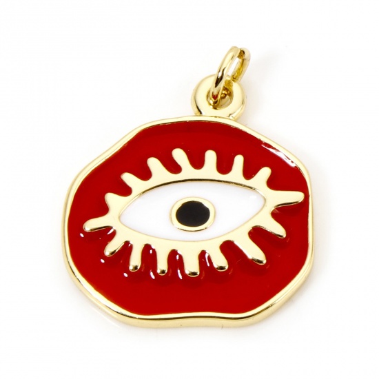 Picture of 1 Piece Eco-friendly Brass Religious Charms 18K Real Gold Plated Red Irregular Eye of Providence/ All-seeing Eye Enamel 22.5mm x 19mm