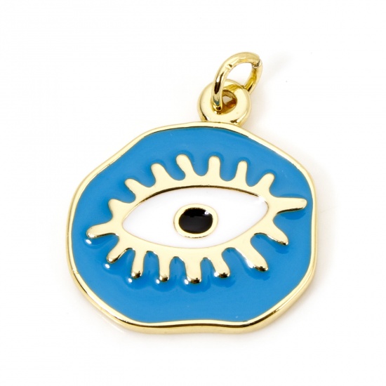 Picture of 1 Piece Eco-friendly Brass Religious Charms 18K Real Gold Plated Blue Irregular Eye of Providence/ All-seeing Eye Enamel 22.5mm x 19mm