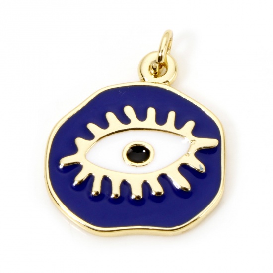 Picture of 1 Piece Eco-friendly Brass Religious Charms 18K Real Gold Plated Dark Blue Irregular Eye of Providence/ All-seeing Eye Enamel 22.5mm x 19mm