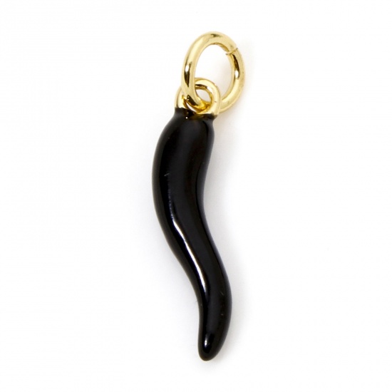 Image de 1 Pièce Breloques en Laiton Respectueux de la Nature Piment Plaqué Or Véritable 18K Noir Émail 21mm x 4.5mm