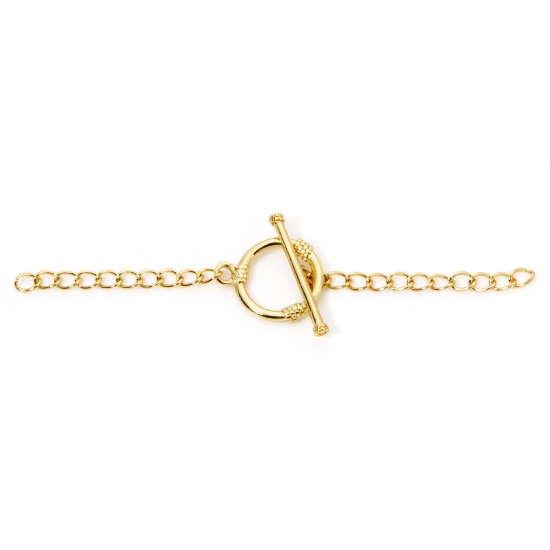 Picture of 1 Set Eco-friendly Brass Toggle Clasps Round 18K Real Gold Plated With Extender Chain 17x4mm 14x11mm