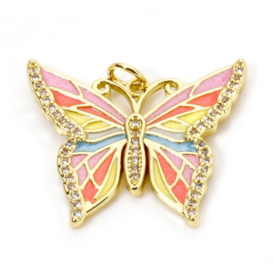 Immagine di 1 Pz Ecologico Ottone Micro Intarsio Ciondoli Farfalla 18K Vero Oro Placcato Multicolore Smalto Trasparente Cubic Zirconiae 26mm x 23mm