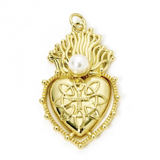 Picture of 1 Piece Eco-friendly Brass Religious Pendants 18K Real Gold Plated Ex Voto Heart Acrylic Imitation Pearl 3.6cm x 1.9cm