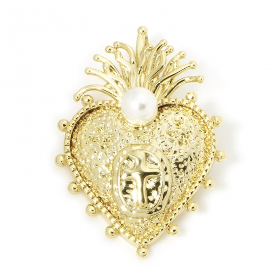 Picture of 1 Piece Eco-friendly Brass Religious Pendants 18K Real Gold Plated Ex Voto Heart Acrylic Imitation Pearl 3.2cm x 2.3cm