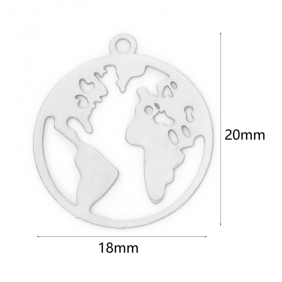 20 個 合金 透かしパーツ チャーム シルバートーン 円形 地図彫刻 透かし 20mm x 18mm、 の画像