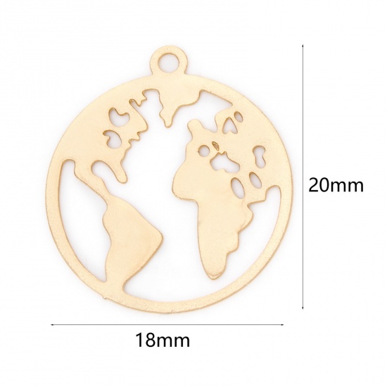 20 個 合金 透かしパーツ チャーム KC金メッキ 円形 地図彫刻 透かし 20mm x 18mm、 の画像