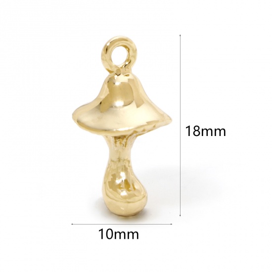 Image de 2 Pcs Breloques en Laiton Respectueux de la Nature Champignon Plaqué Or Véritable 18K 3D 18mm x 10mm