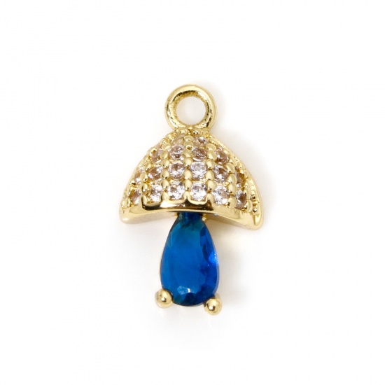 Imagen de 2 Unidades Respetuoso del Medio Ambiente Latón Colgantes Seta 18K Oro Real Chapado Micro Pave Claro Circón Artificial Azul Marino Rhinestone 12mm x 7.5mm