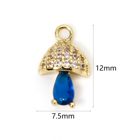 Imagen de 2 Unidades Respetuoso del Medio Ambiente Latón Colgantes Seta 18K Oro Real Chapado Micro Pave Claro Circón Artificial Azul Marino Rhinestone 12mm x 7.5mm