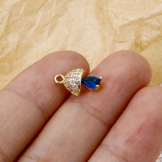 Imagen de 2 Unidades Respetuoso del Medio Ambiente Latón Colgantes Seta 18K Oro Real Chapado Micro Pave Claro Circón Artificial Azul Marino Rhinestone 12mm x 7.5mm