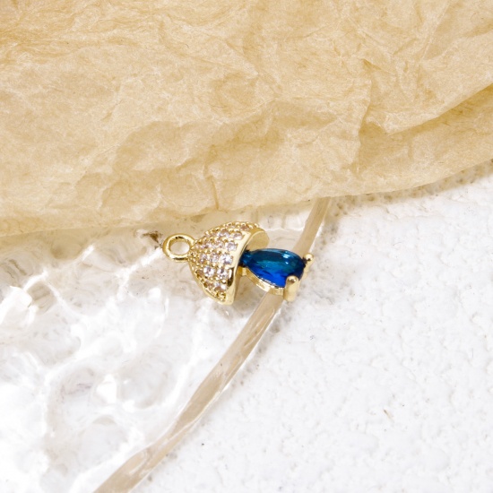 Imagen de 2 Unidades Respetuoso del Medio Ambiente Latón Colgantes Seta 18K Oro Real Chapado Micro Pave Claro Circón Artificial Azul Marino Rhinestone 12mm x 7.5mm