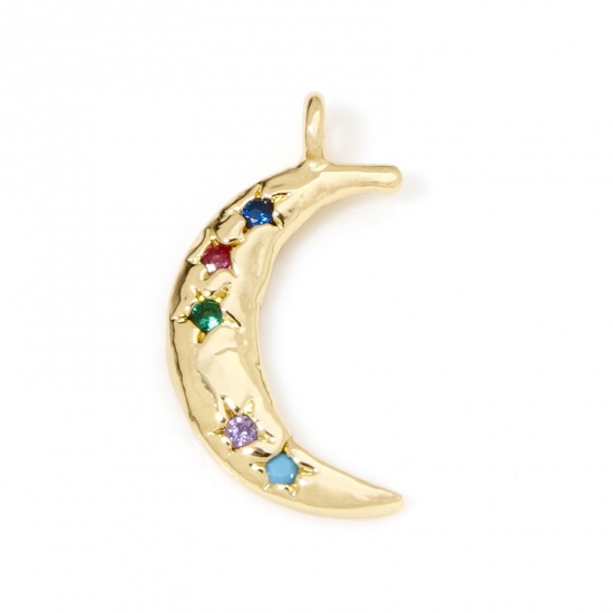 Image de 2 Pcs Breloques Galaxie en Laiton Respectueux de la Nature Demi Lune Plaqué Or Véritable 18K Etoile à Zircone Cubique Multicolore 18.5mm x 10mm